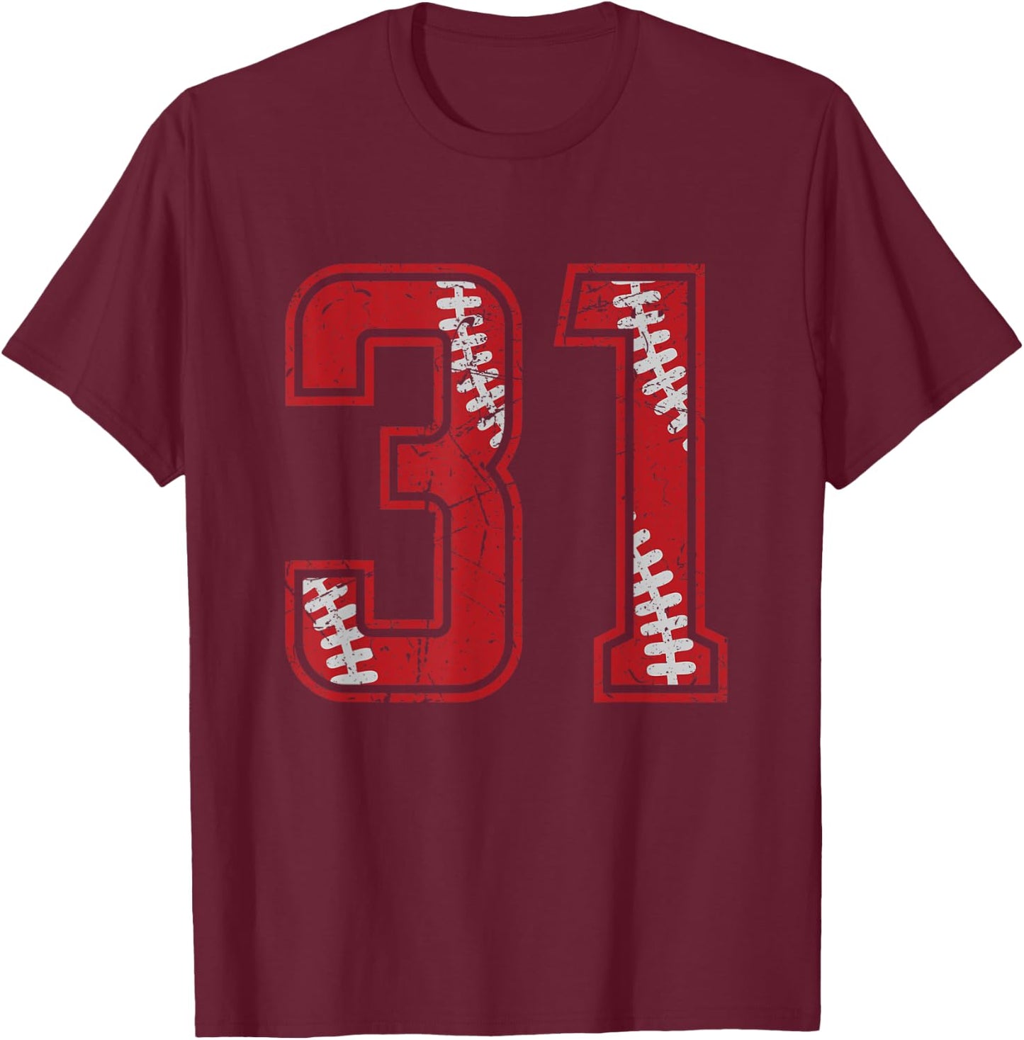 Number #31 Distressed Baseball Jersey Number T-Shirt - T-Shirt | Maroon