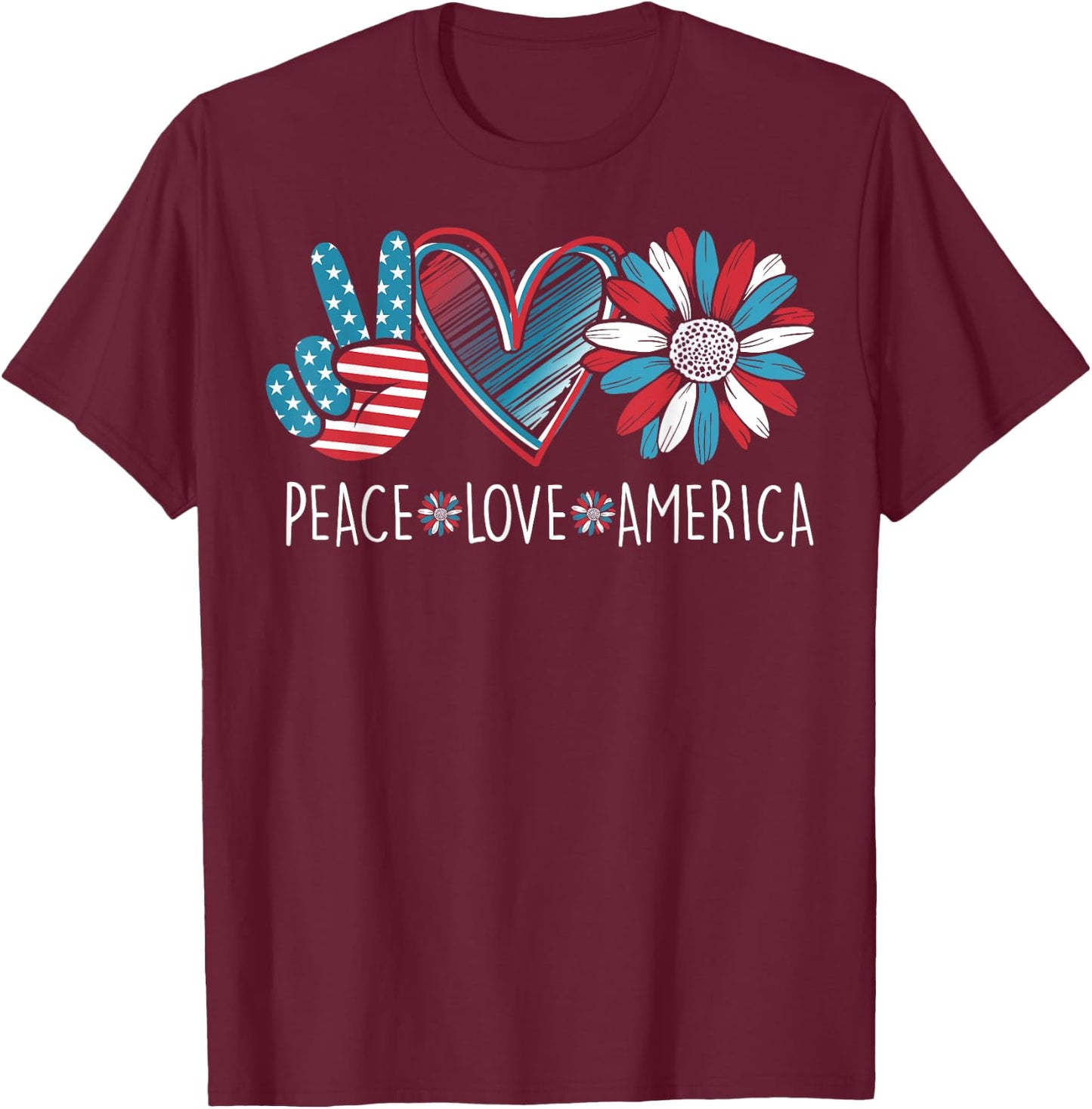 Peace Love America Daisy 4th July Patriotic US American Flag T-Shirt - T-Shirt | Maroon