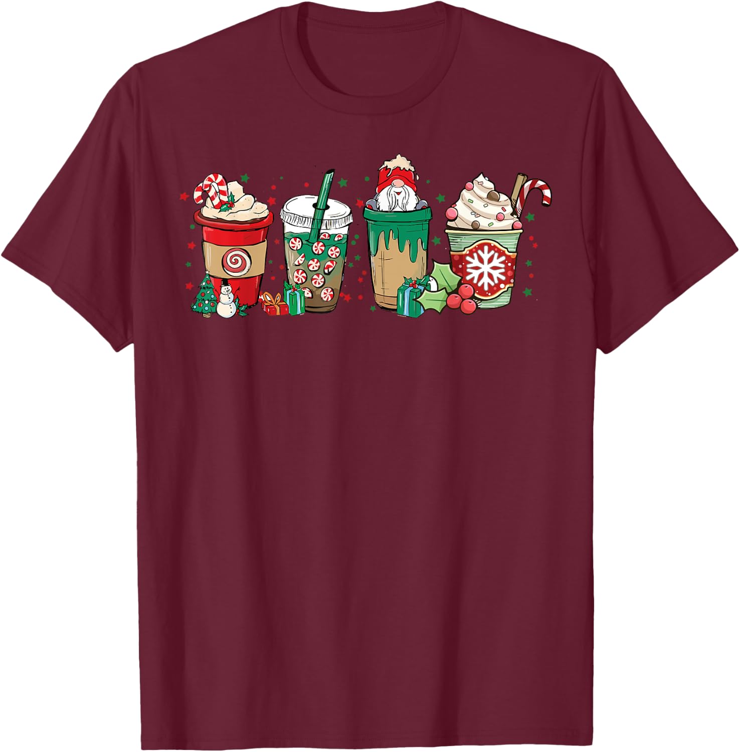 Winter Coffee Merry Christmas Iced Latte Xmas Drinks Holiday T-Shirt - T-Shirt | Maroon