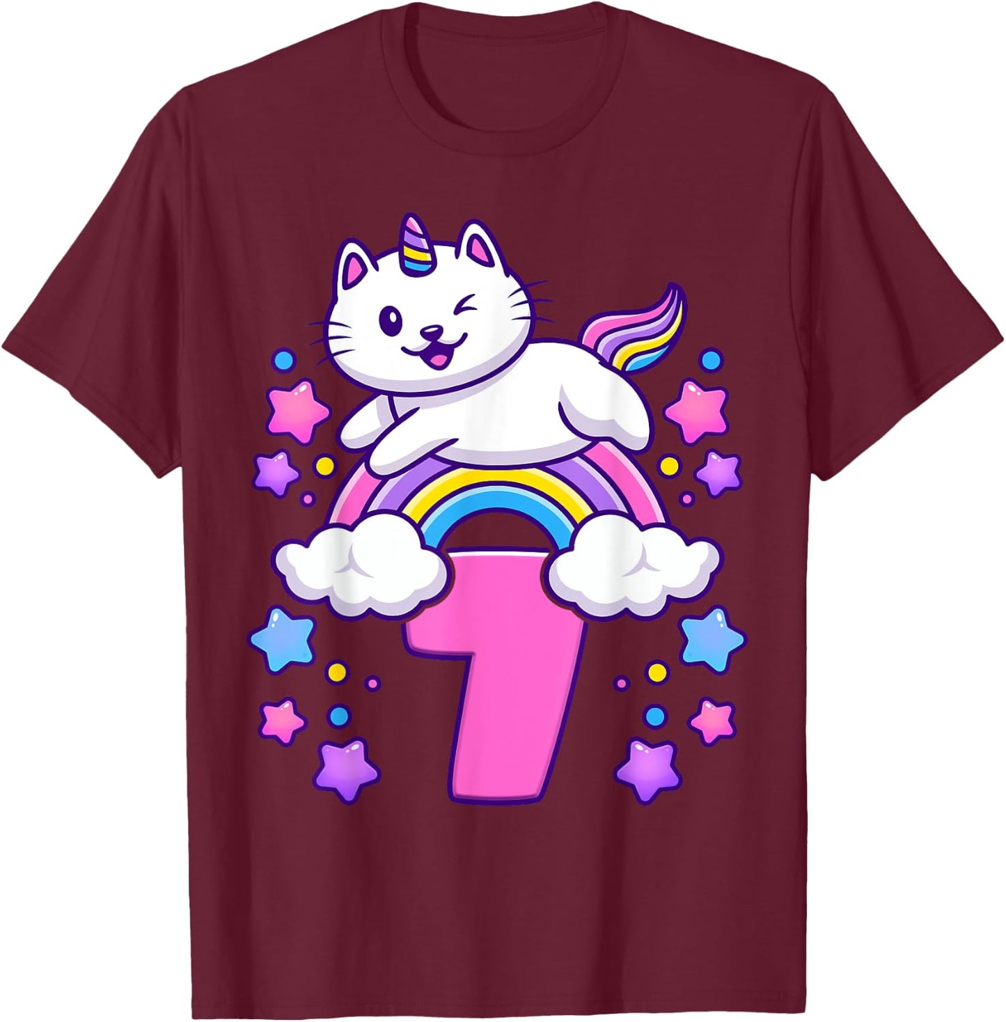 Birthday girl 7 years old, cat, unicorn, 7th birthday T-Shirt - T-Shirt | Maroon