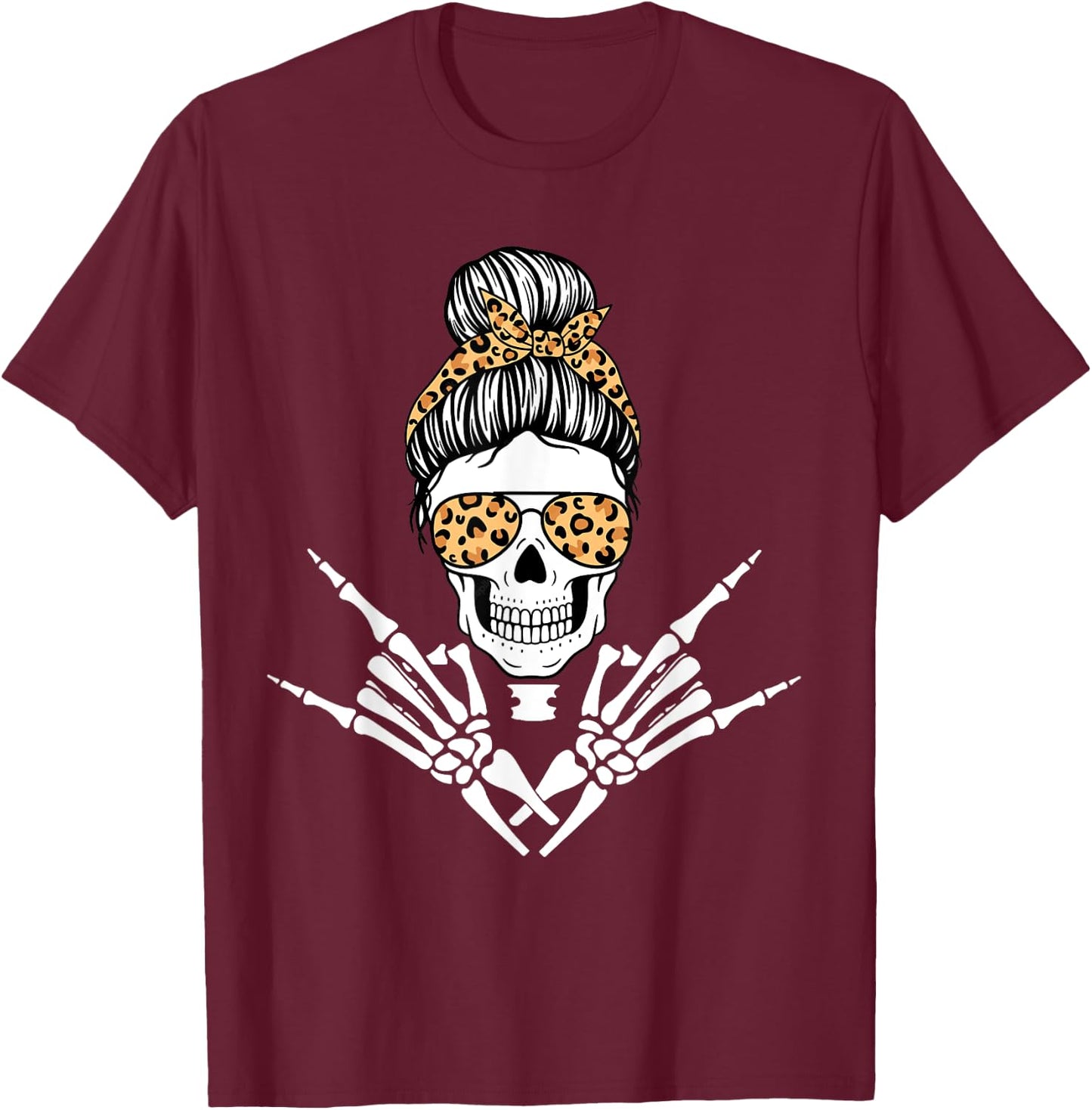 Rocker Skeleton Hand Rock On Leopard Messy Bun Halloween T-Shirt - T-Shirt | Maroon
