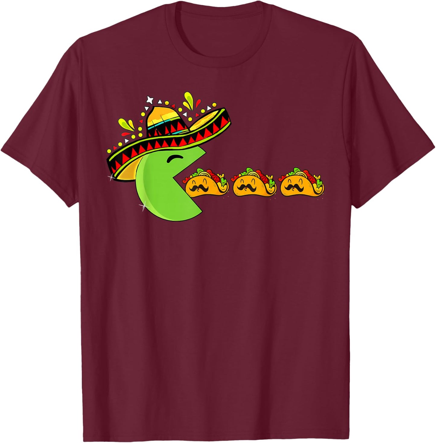 Sombrero Eating Funny Tacos with Mustaches Cinco de Mayo T-Shirt - T-Shirt | Maroon