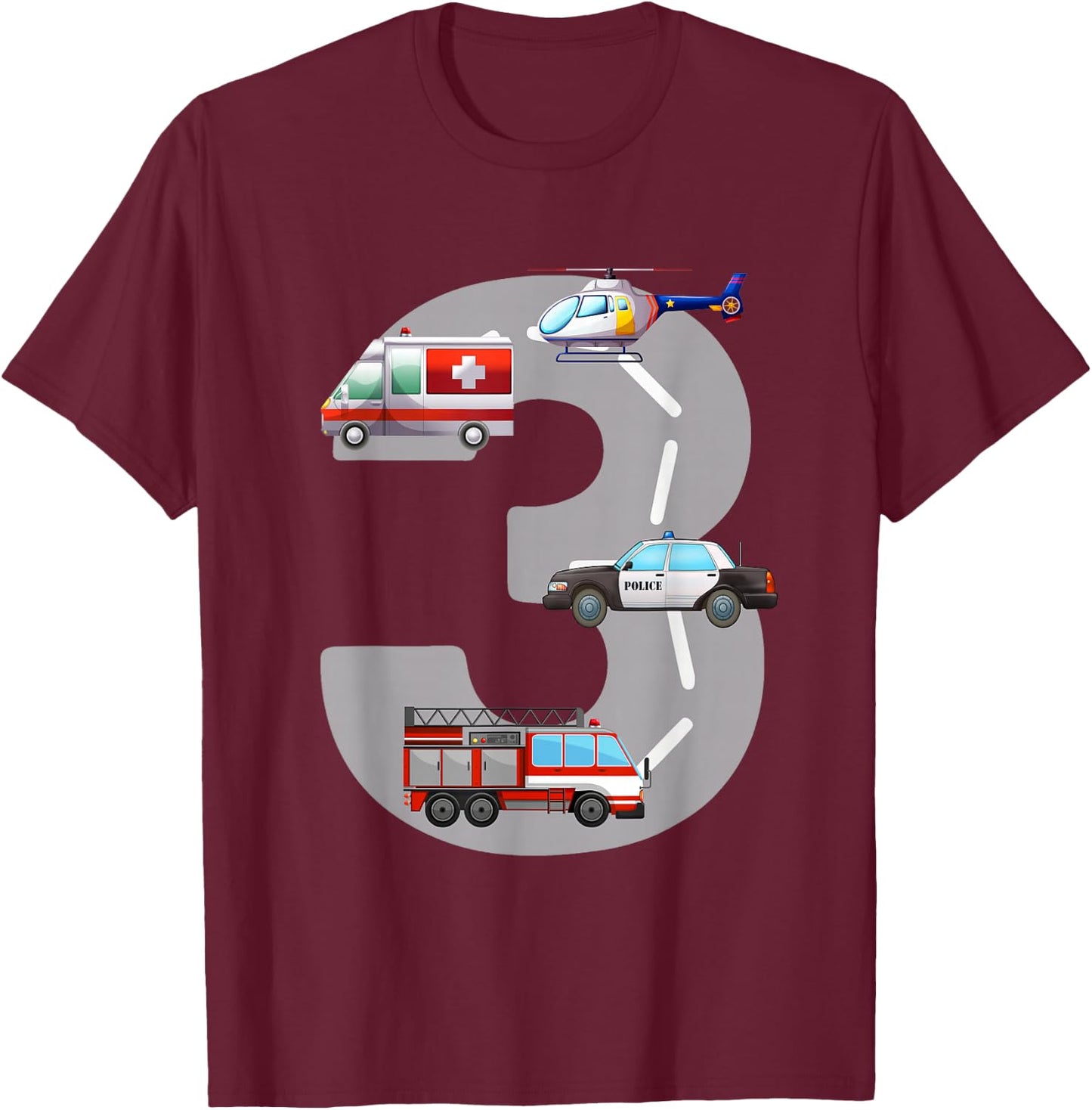 Emergency Vehicles 3rd Birthday Fire Truck Police Car Boys T-Shirt - T-Shirt | Maroon