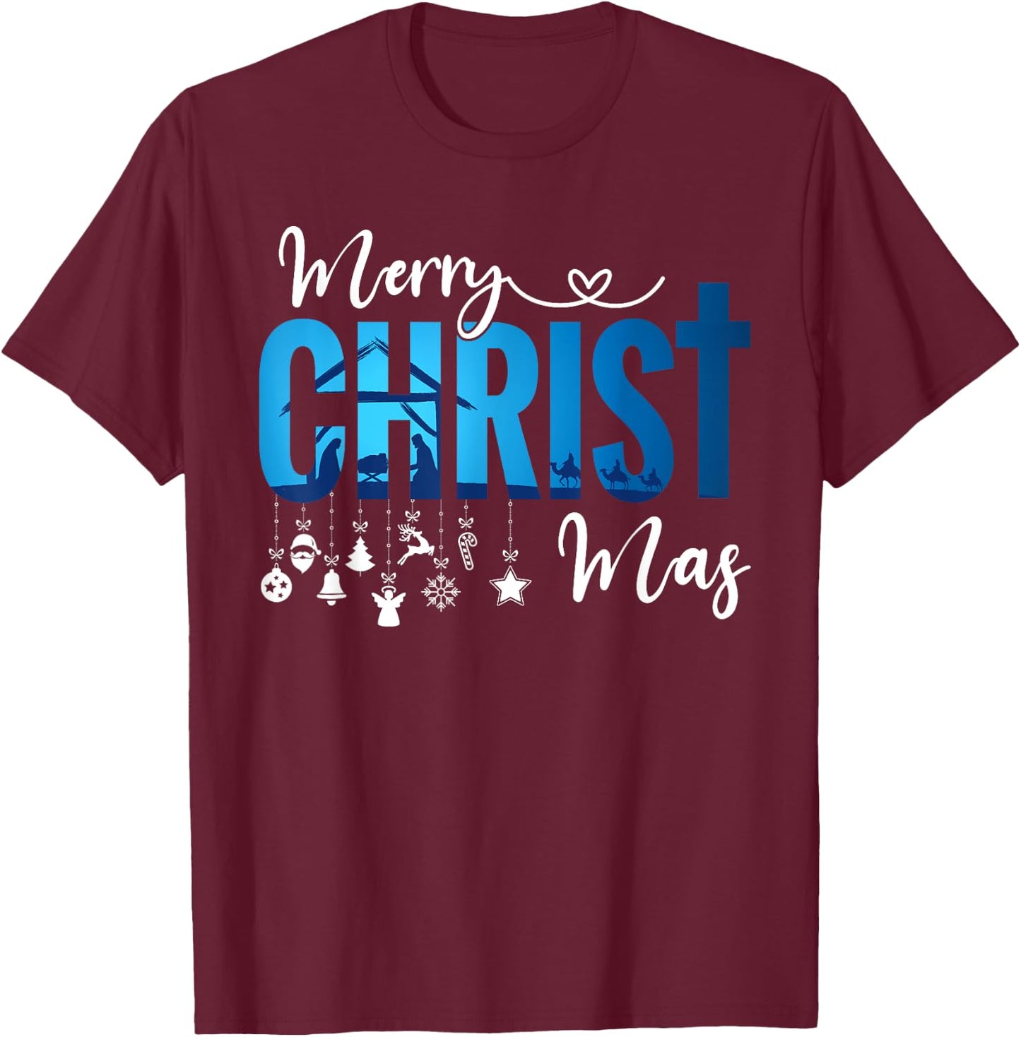Merry Christ-Mas & Nativity Scene Christian Faith Holiday T-Shirt - T-Shirt | Maroon