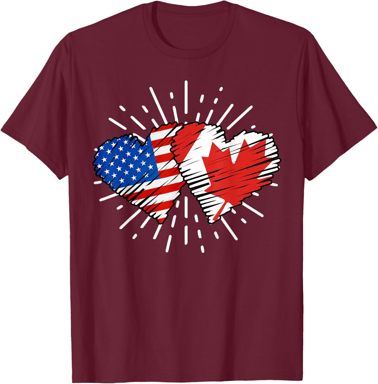 Canada USA Friendship Heart With Flags Matching T-Shirt - T-Shirt | Maroon