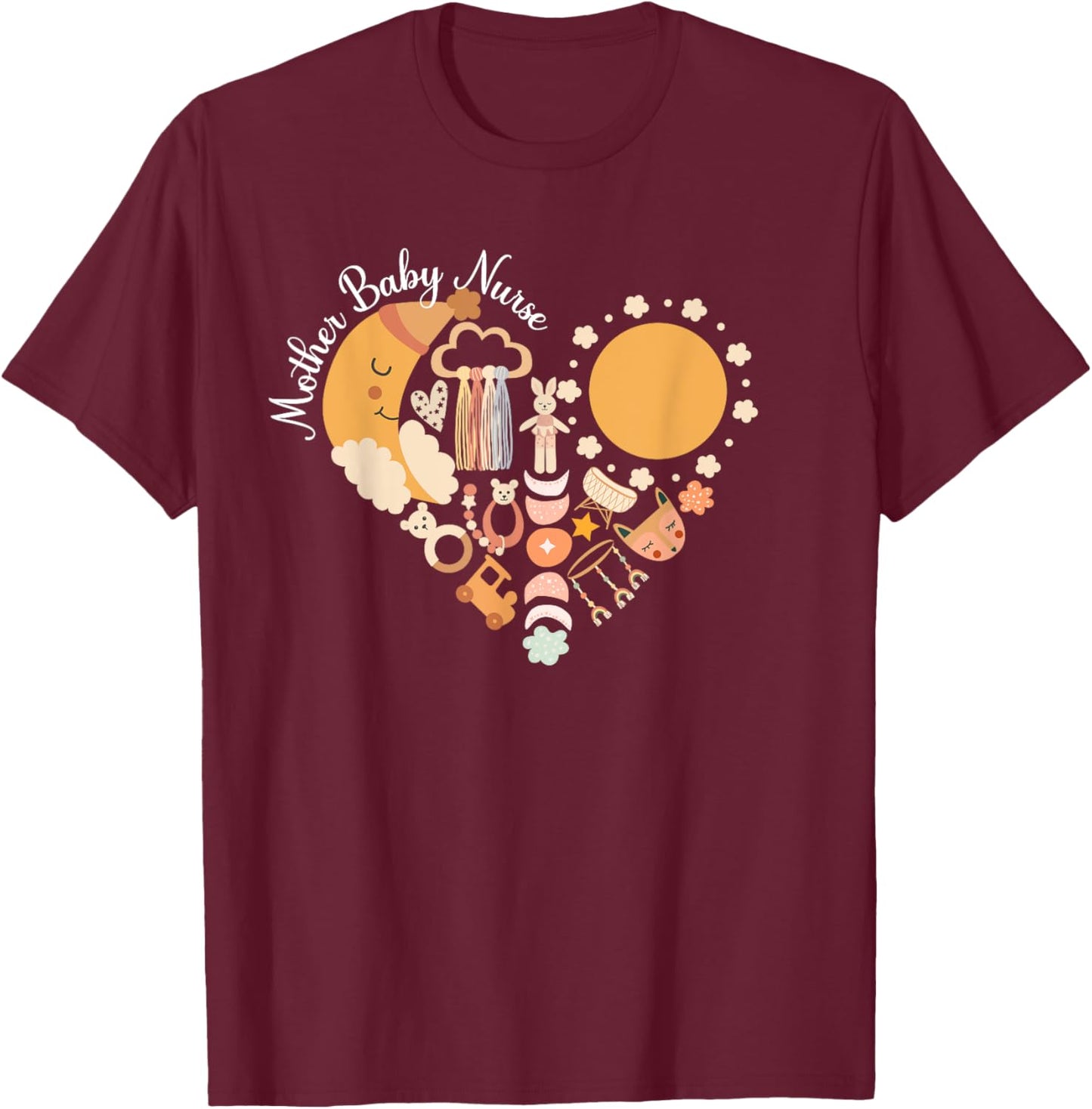 Mother Baby Nurse Heart Postpartum Nurse Mom Baby Nurse T-Shirt - T-Shirt | Maroon