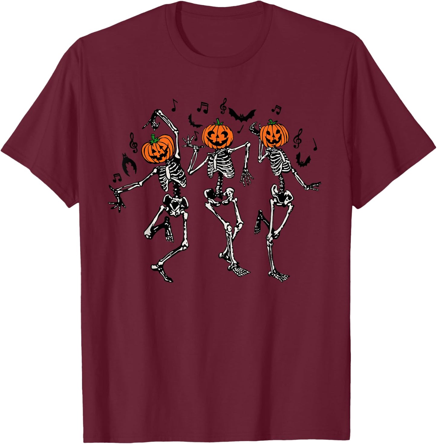 Spooky Dancing Pumpkin Head Skeletons T-Shirt - T-Shirt | Maroon