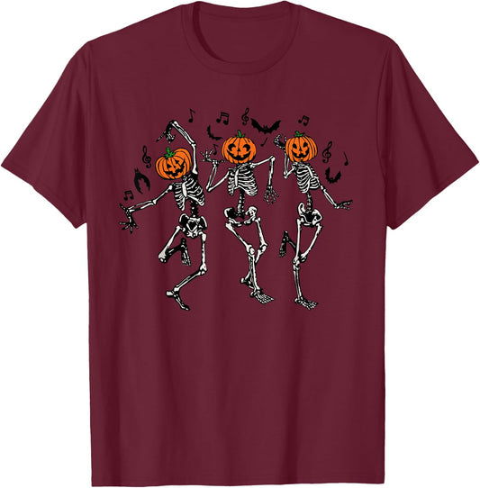 Spooky Dancing Pumpkin Head Skeletons T-Shirt - T-Shirt | Maroon