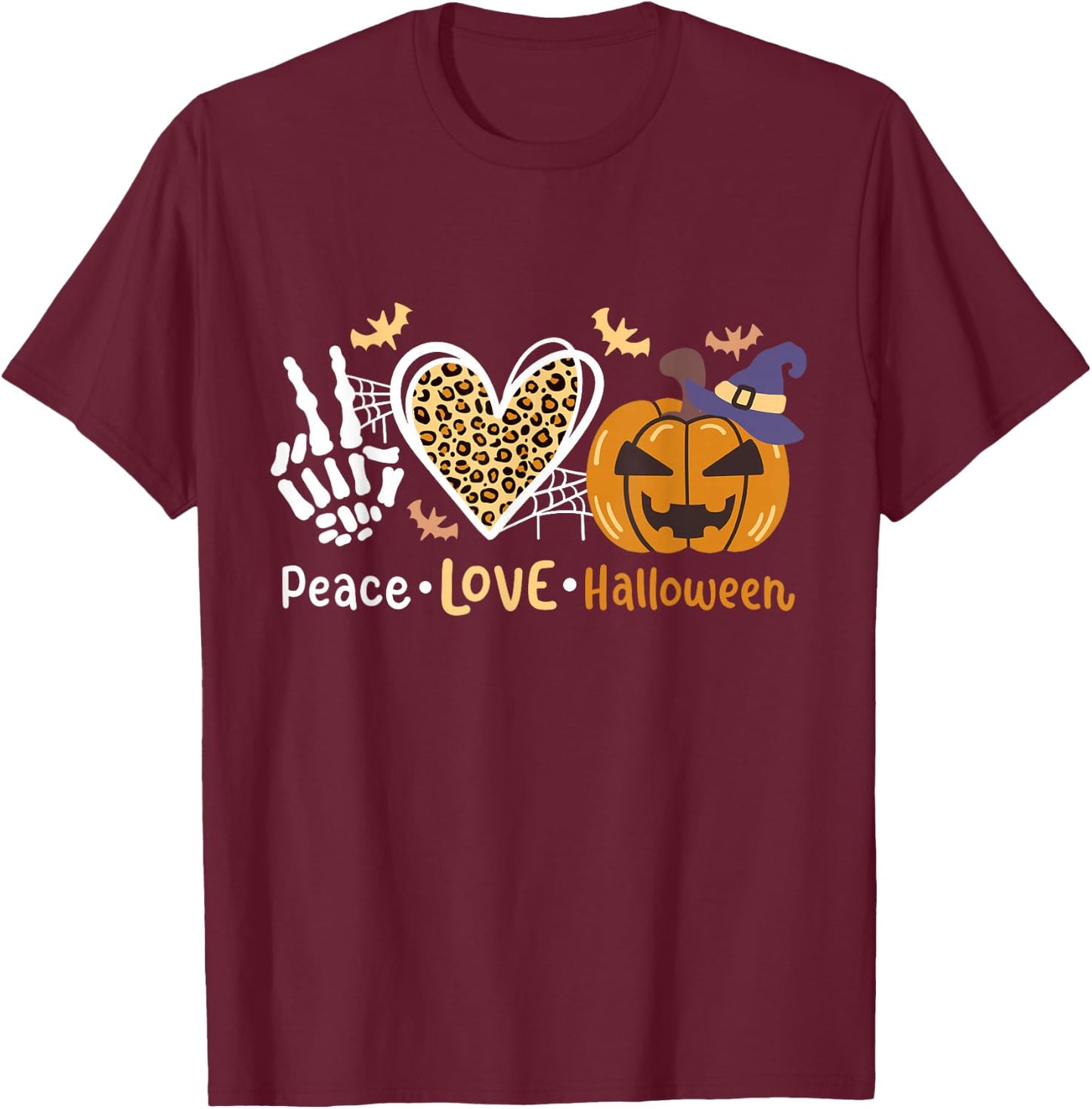 Peace Love Halloween Costume Pumpkin Leopard Heart Party T-Shirt - T-Shirt | Maroon