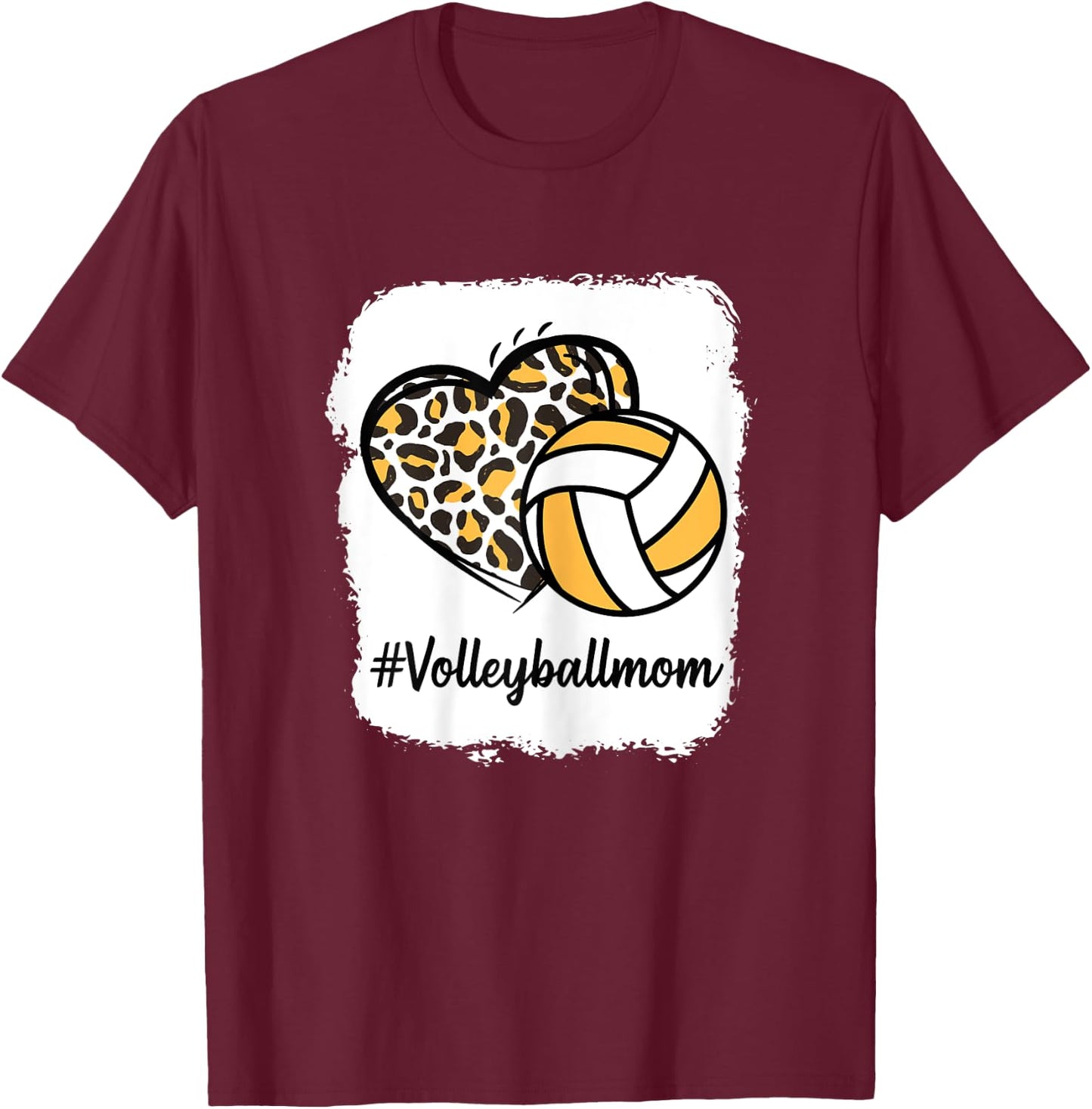 Bleached Volleyball Mom Yellow Leopard Print Heart T-Shirt - T-Shirt | Maroon