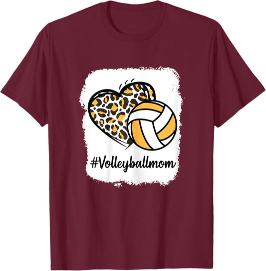 Bleached Volleyball Mom Yellow Leopard Print Heart T-Shirt - T-Shirt | Maroon