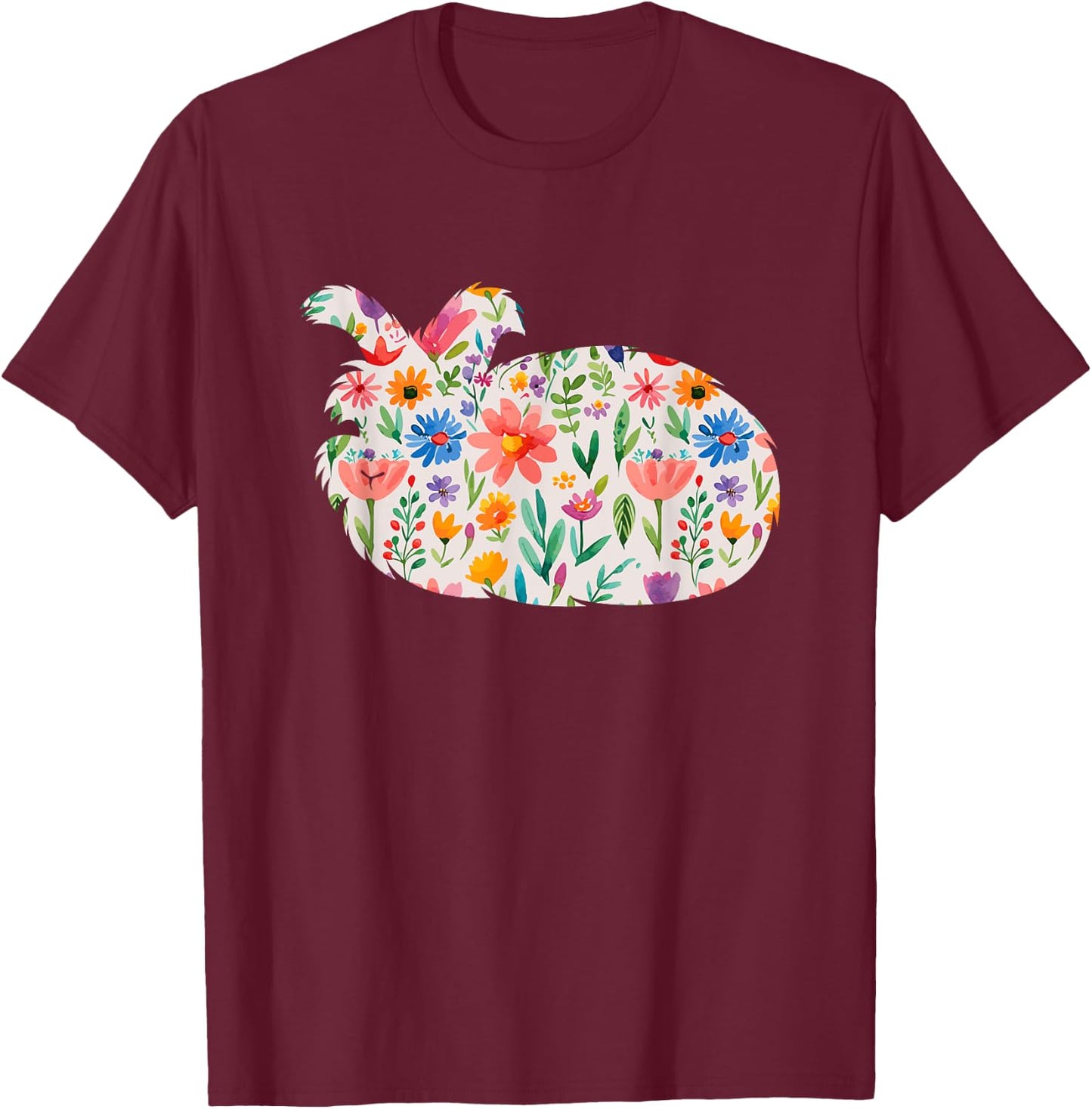 English Angora Bunny Rabbit watercolor flowers design T-Shirt - T-Shirt | Maroon
