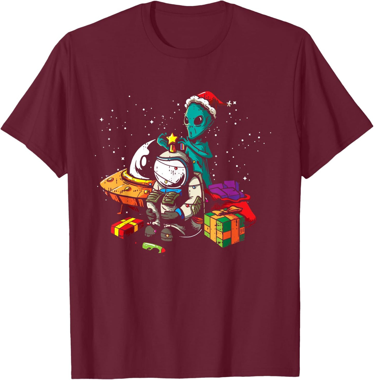 Alien Astronaut Christmas Tree Pajama Funny Space UFO X-Mas T-Shirt - T-Shirt | Maroon