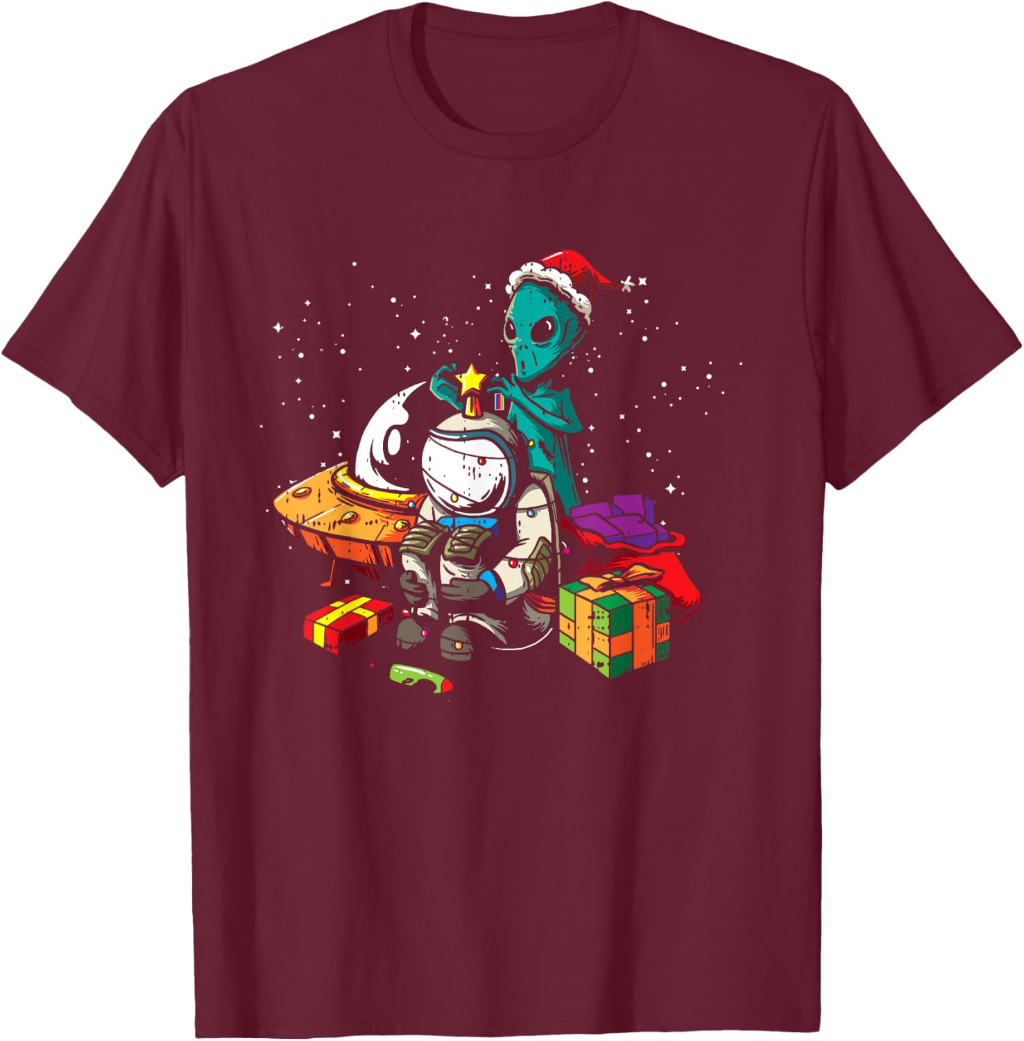 Alien Astronaut Christmas Tree Pajama Funny Space UFO X-Mas T-Shirt - T-Shirt | Maroon