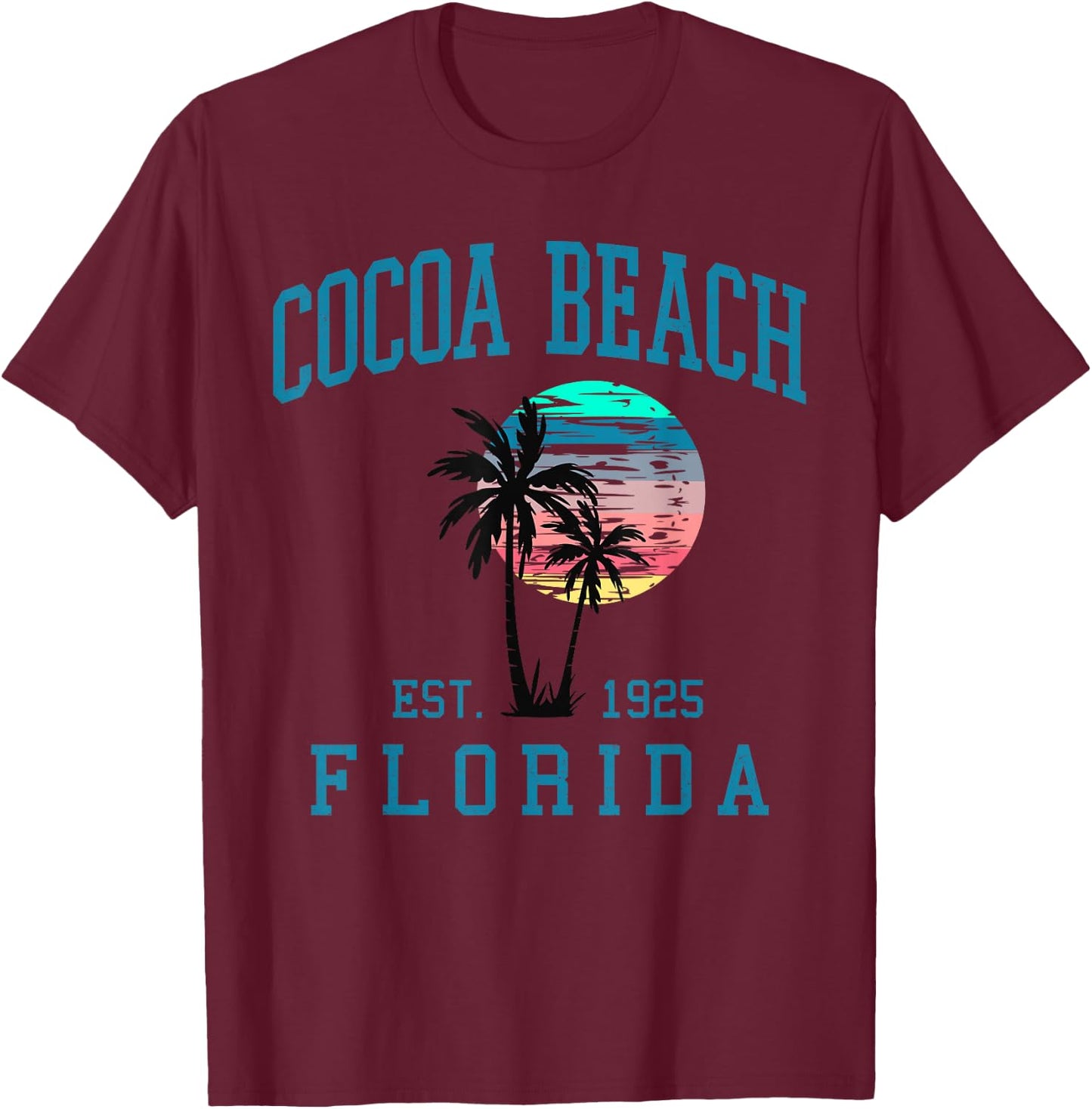 Cocoa Beach Florida Beach Retro Sunset Palm Trees Summer T-Shirt - T-Shirt | Maroon
