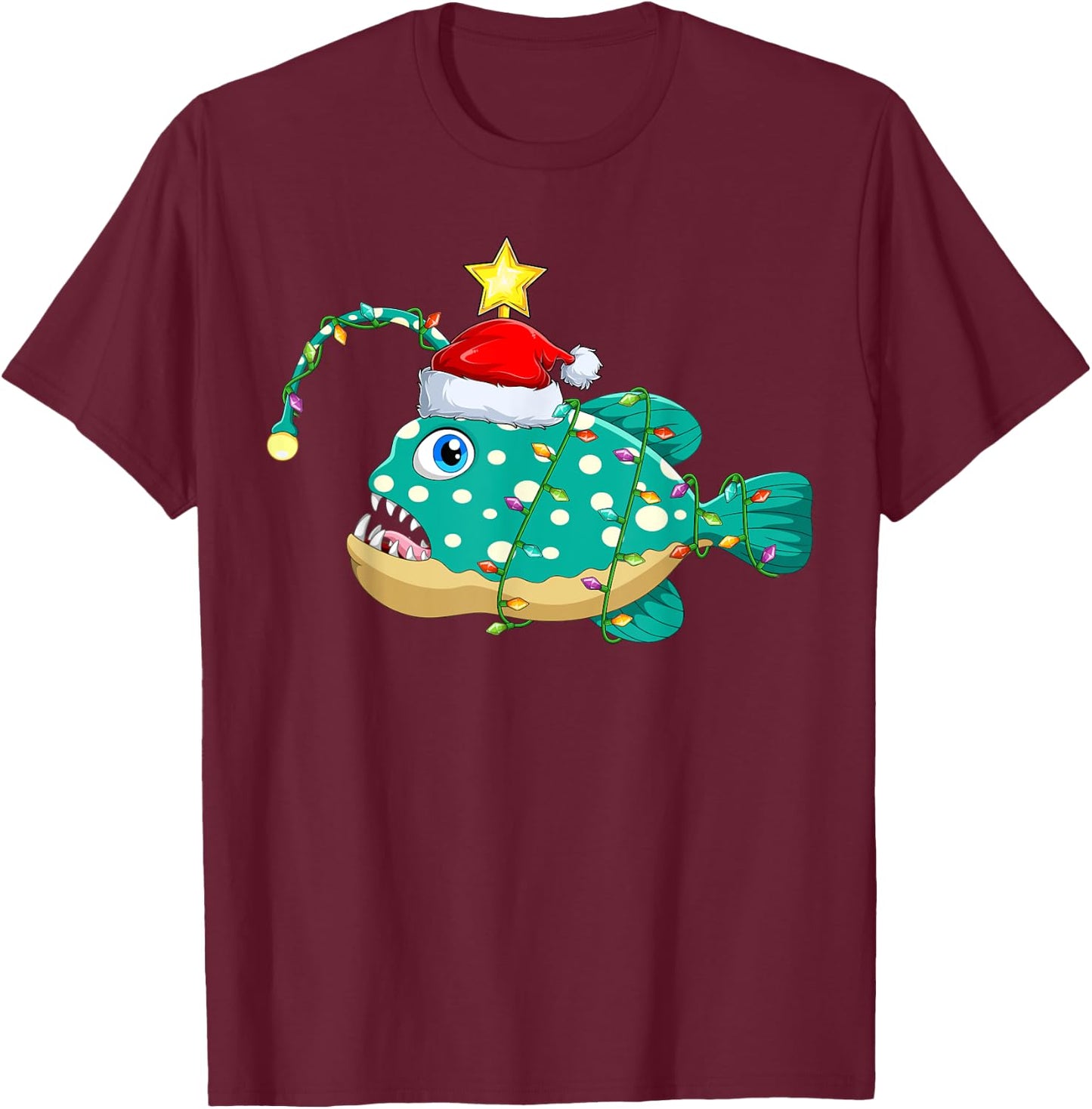 Santa Anglerfish Christmas Apparel Gifts Anglerfish Lighting Xmas Tree Matching Anglerfish Christmas T-Shirt - T-Shirt | Maroon