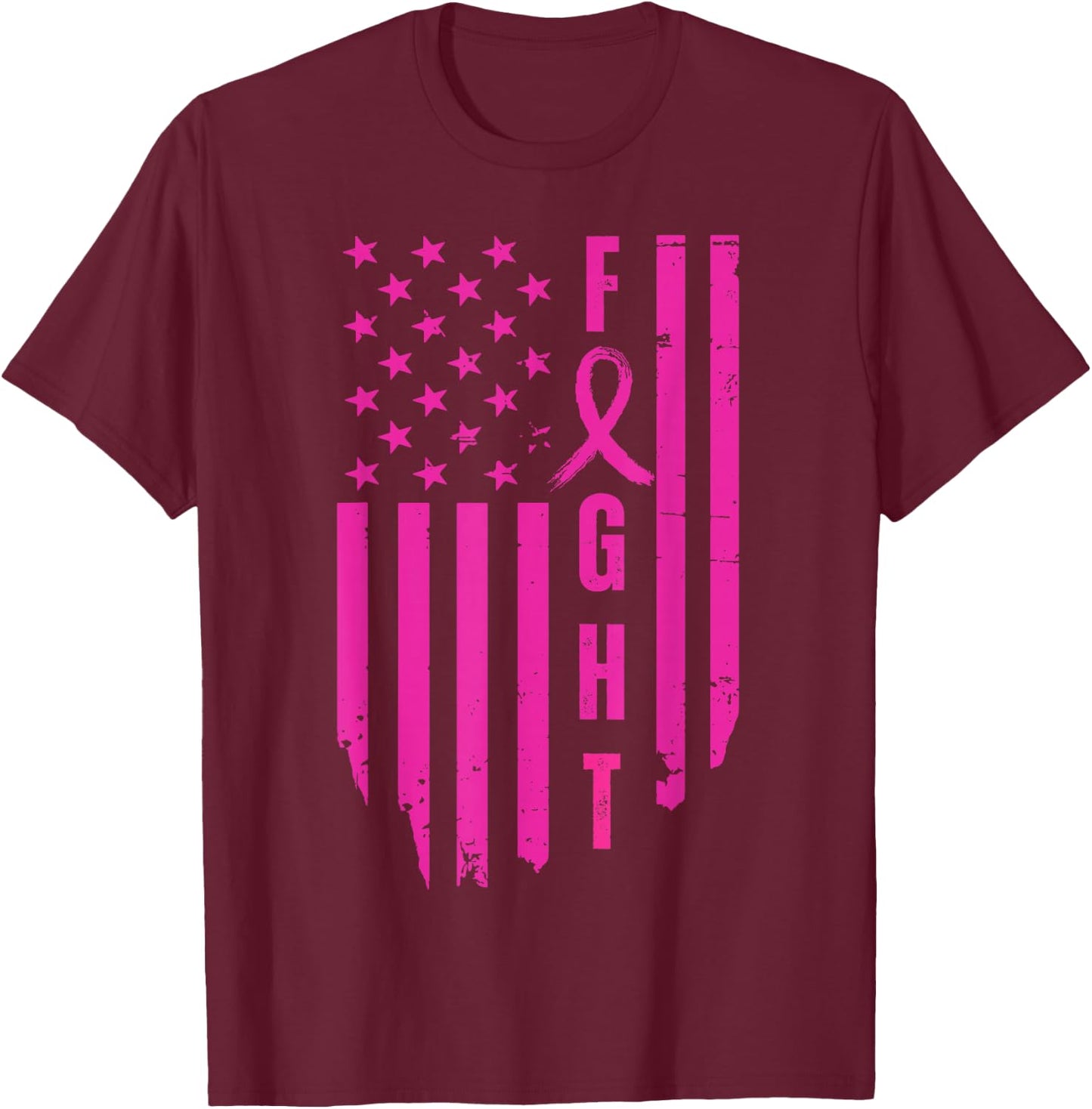 Fight Breast Survivor American Flag Breast Cancer Awareness T-Shirt - T-Shirt | Maroon