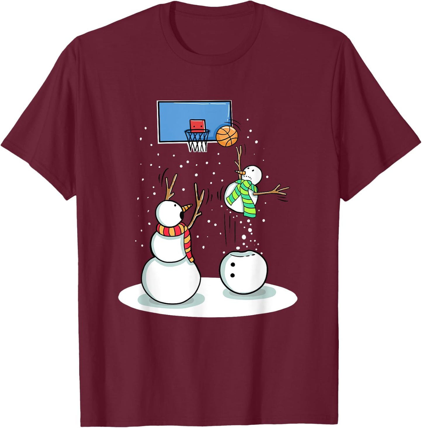 Christmas Snowman Basketball Gifts -Kids Black Basketball & Snowman Winter T-Shirt - T-Shirt | Maroon