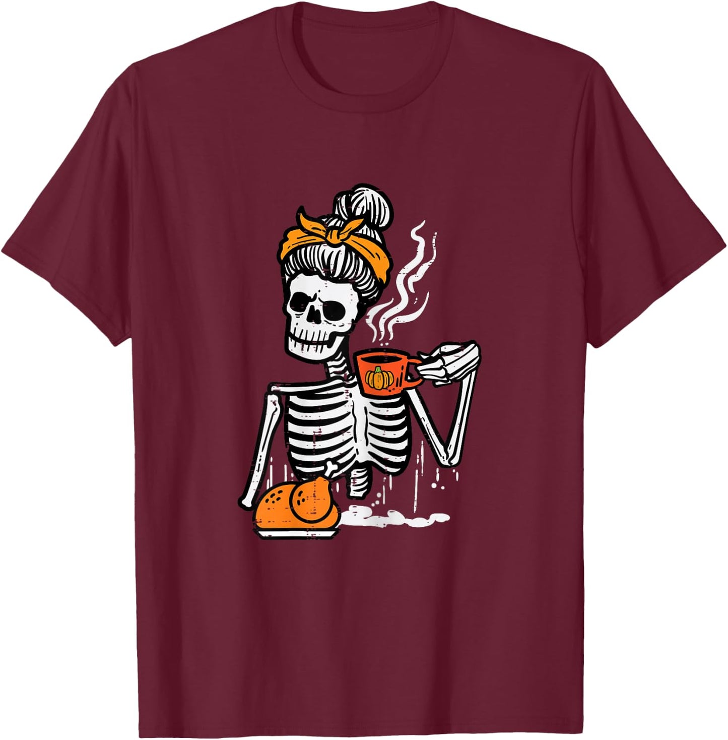 Thanksgiving Skeleton Messy Bun Pumpkin Coffee Women Girls T-Shirt - T-Shirt | Maroon