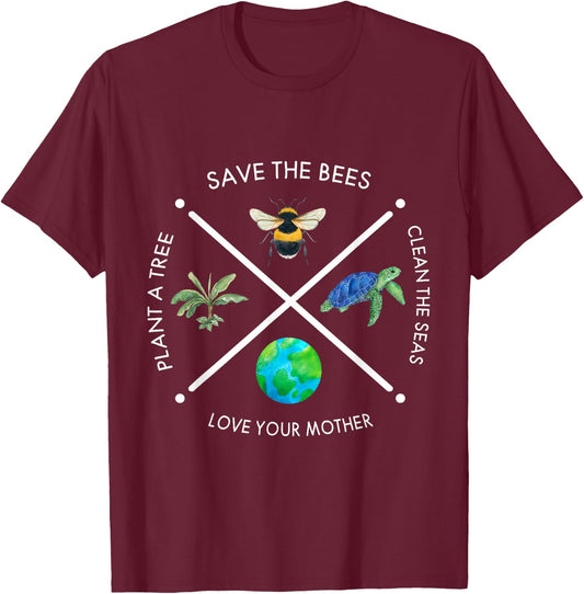 Earth Day Save the Bees Plant More Trees Clean the Seas T-Shirt - T-Shirt | Maroon