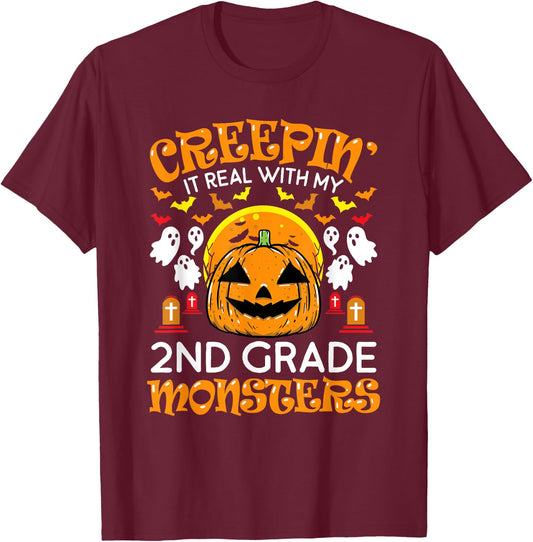 Creepin It Real with My 2nd Grade Monsters Halloween Teacher T-Shirt - T-Shirt | Maroon