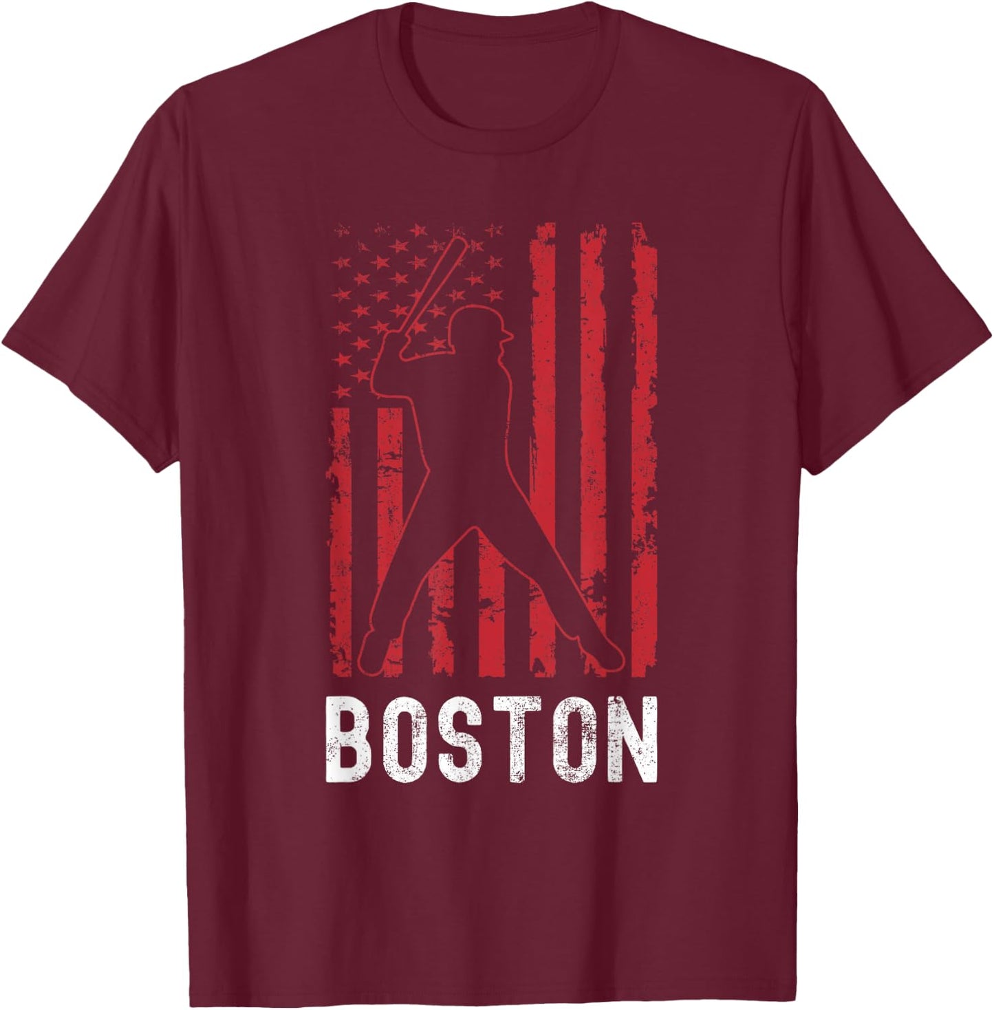 Boston Massachusetts American Flag Baseball Weathered T-Shirt - T-Shirt | Maroon