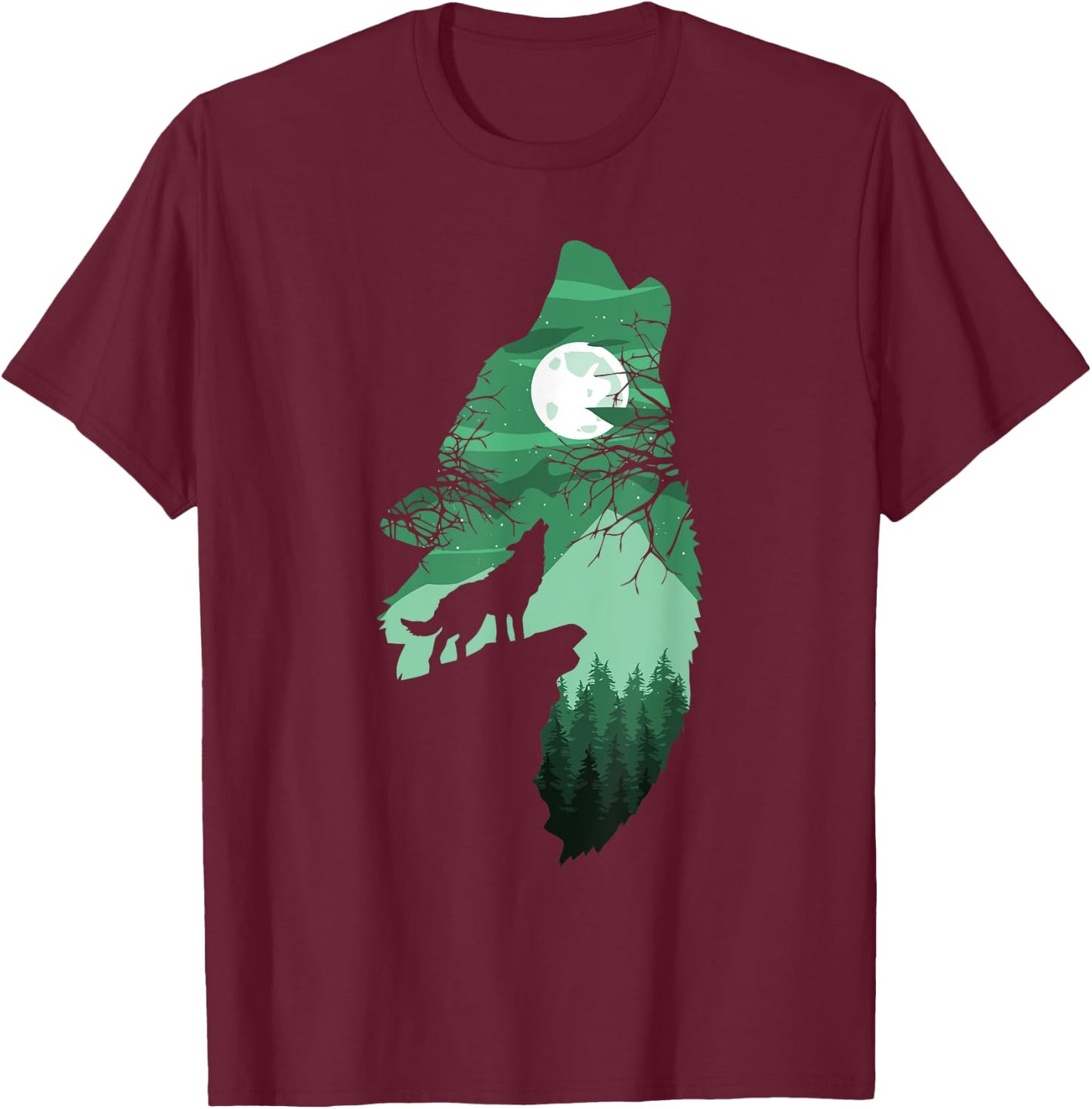 Howling Wolf with Full Moon Wolf Men Women Kids Boys T-Shirt - T-Shirt | Maroon