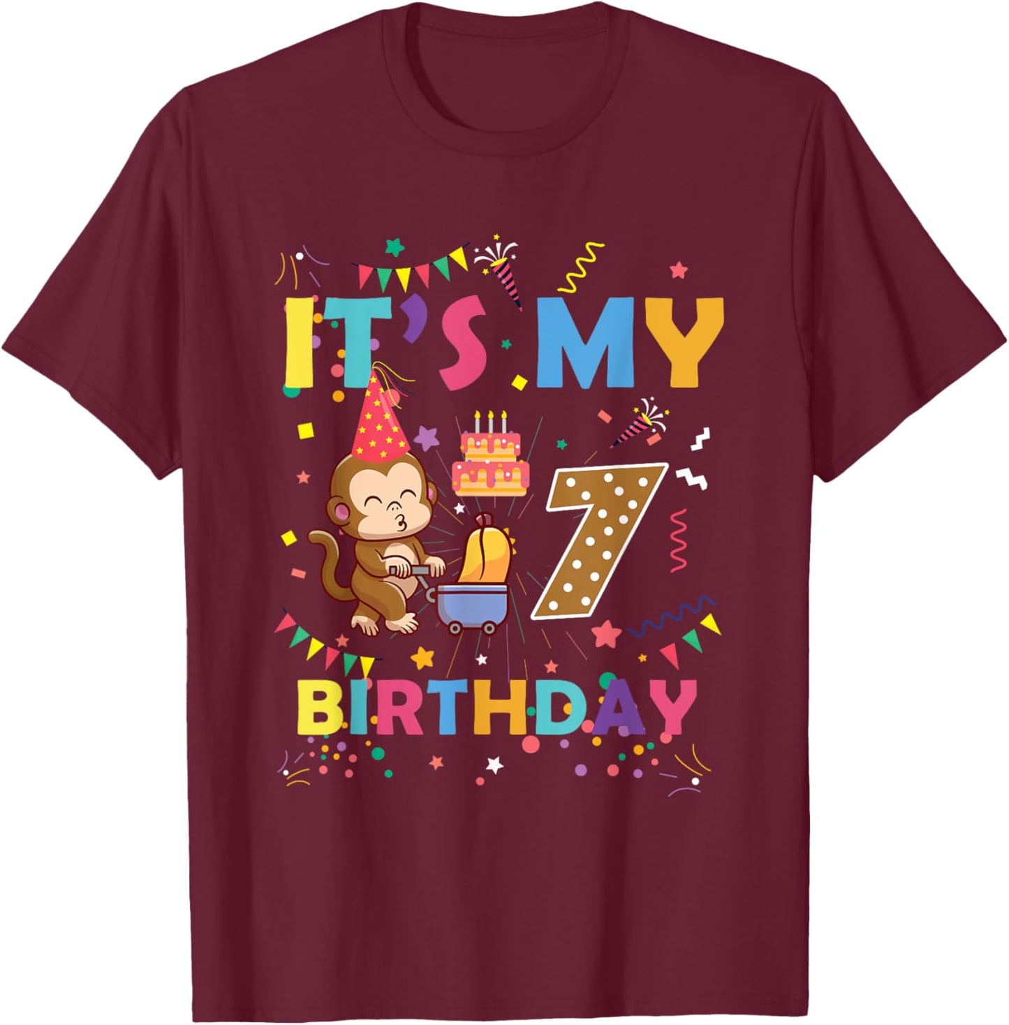 It's My 7th Birthday Monkey 7 Year Old Boys Girls Kids T-Shirt - T-Shirt | Maroon