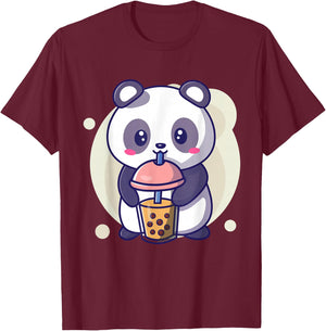 Cute Kawaii Panda Drinks Boba Bubble Tea Kawaii Aesthetic T-Shirt - T-Shirt | Maroon
