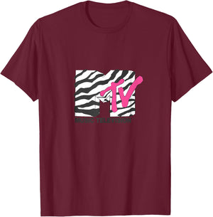 MTV Music Television Retro Eighties Neon Zebra Print Logo T-Shirt - T-Shirt | Maroon