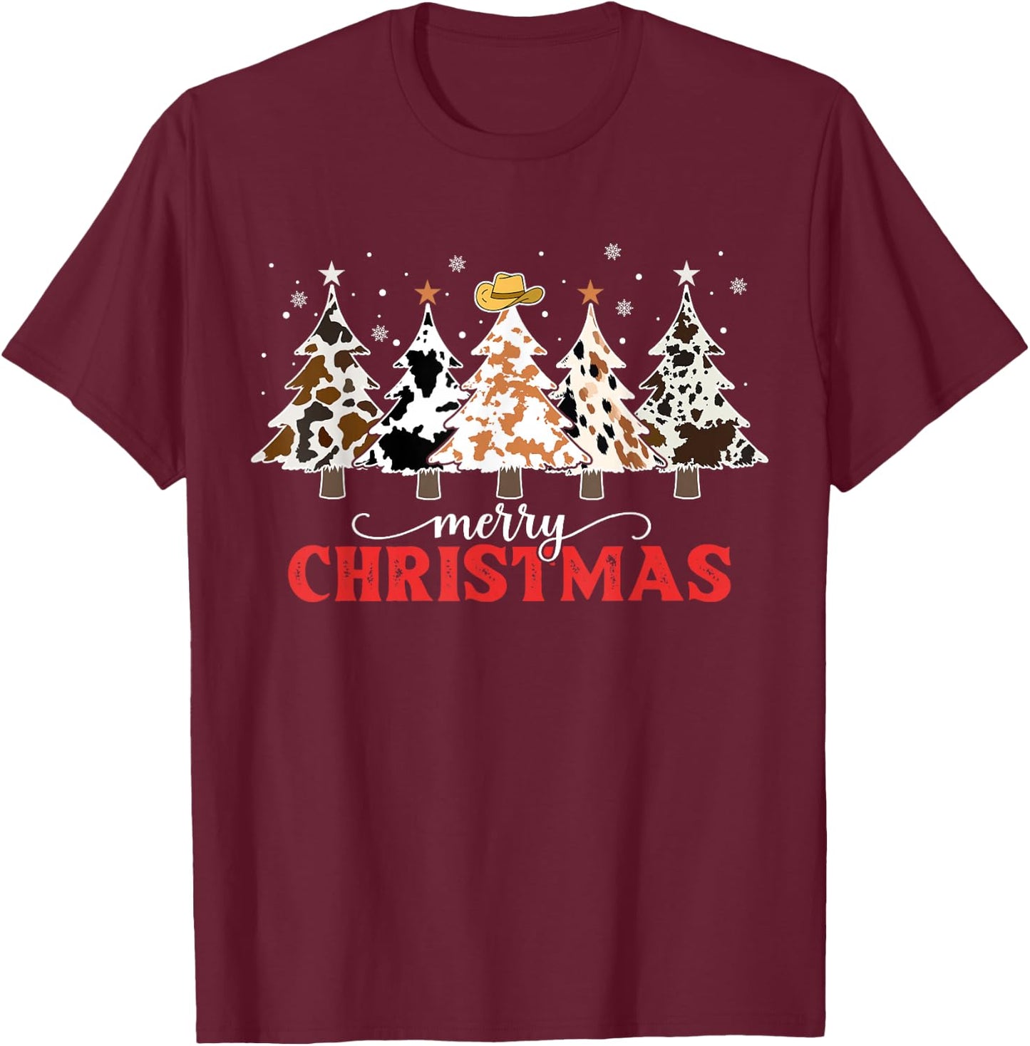 Country Christmas Tree Cowhide Xmas Cow Farm Cowboy Western T-Shirt - T-Shirt | Maroon