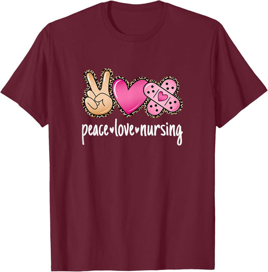 Peace Love Nursing Leopard Print Cute Nurse Women T-Shirt - T-Shirt | Maroon