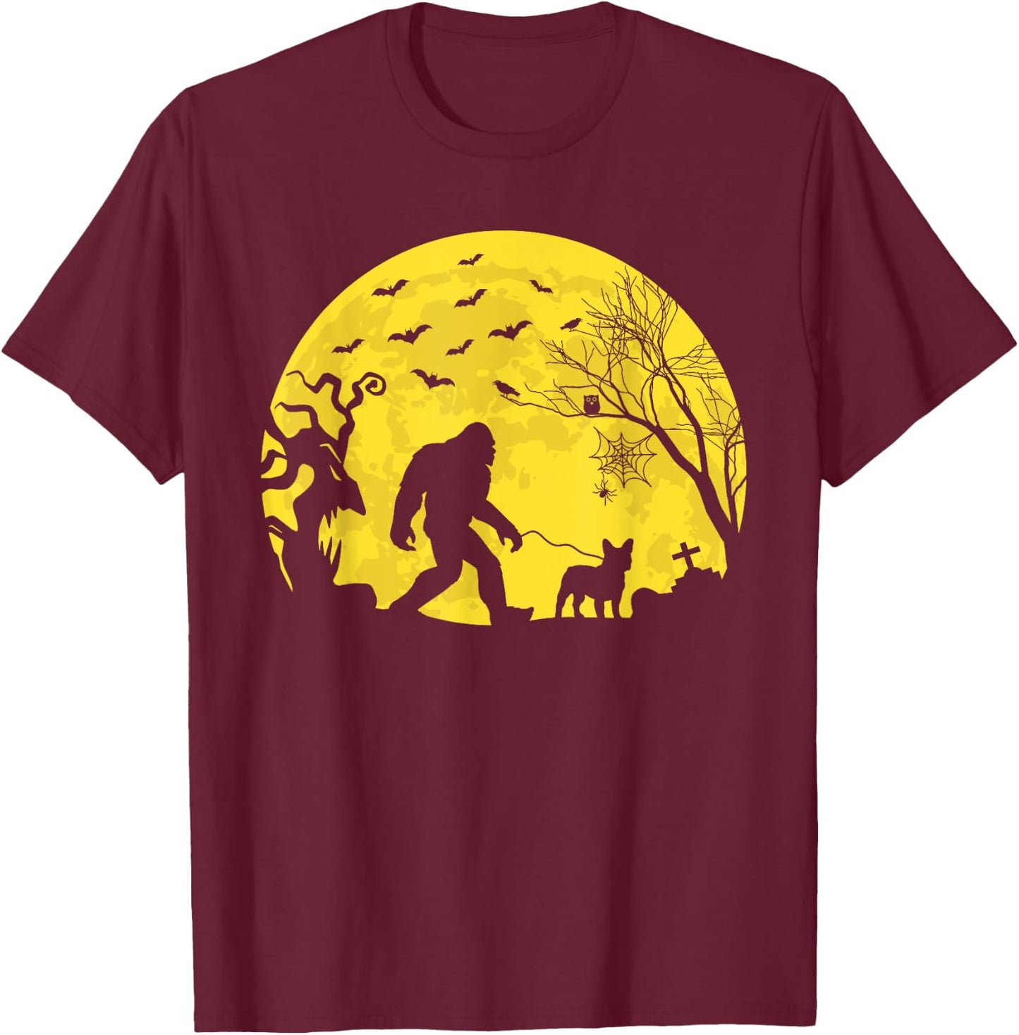 Halloween Bigfoot Walking French Bulldog T-Shirt - T-Shirt | Maroon