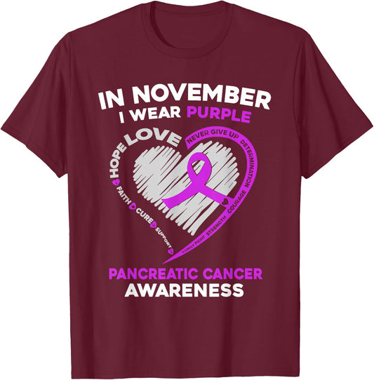 In November We Wear Purple Heart Pancreatic Cancer Awareness T-Shirt - T-Shirt | Maroon