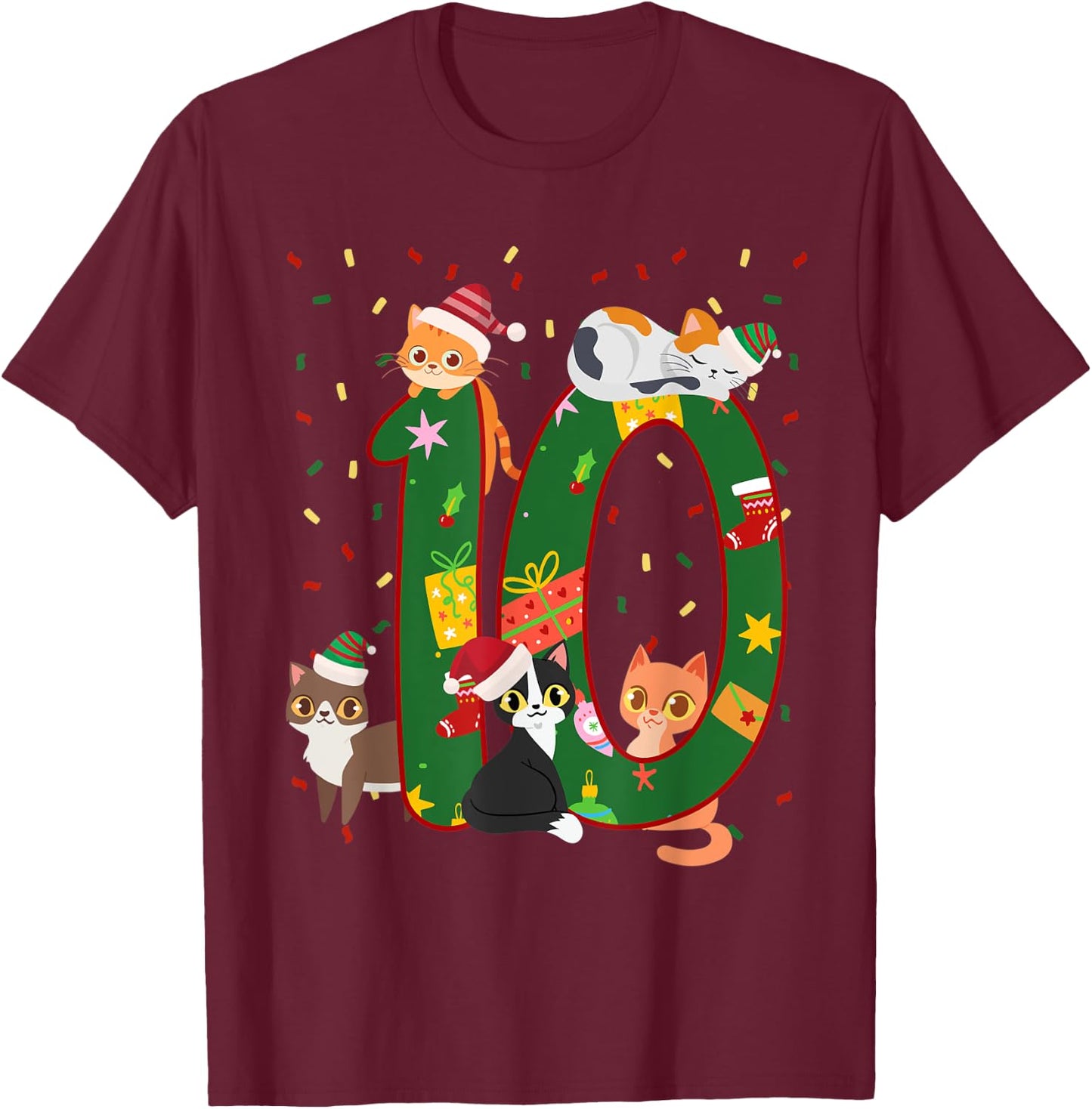 10 Years Old Kids Xmas Cute Cats 10th Birthday Christmas T-Shirt - T-Shirt | Maroon