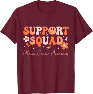 Groovy Support Squad Uterine Cancer Awareness Peach Ribbon T-Shirt - T-Shirt | Maroon