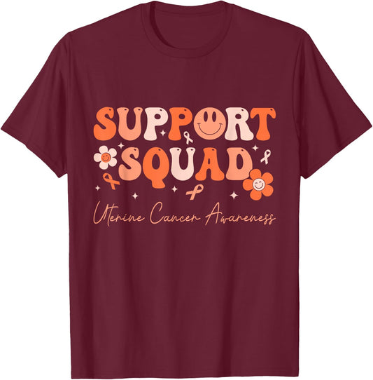 Groovy Support Squad Uterine Cancer Awareness Peach Ribbon T-Shirt - T-Shirt | Maroon