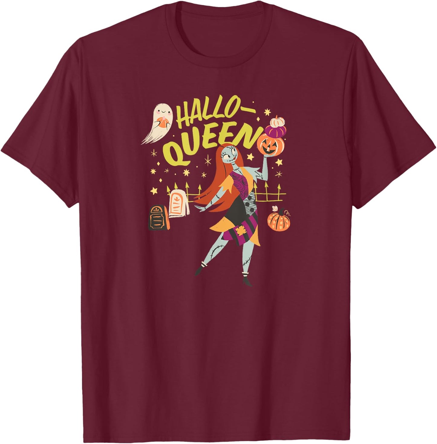 Amazon Essentials Men's Nightmare Before Christmas Halloween Sally Hallo-Queen , Black Graphic Print, Small T-Shirt - T-Shirt | Maroon