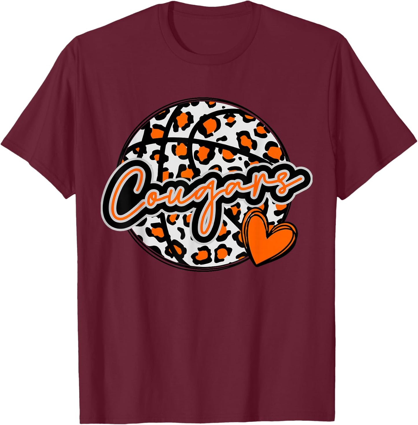 Leopard Cheetah Basketball COUGARS Orange Spirit Game T-Shirt - T-Shirt | Maroon