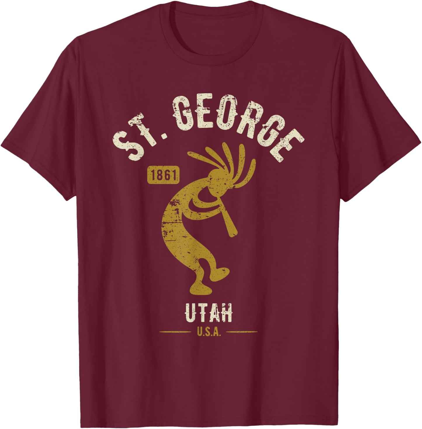 St George Utah USA Dancing Kokopelli Distressed Design T-Shirt - T-Shirt | Maroon