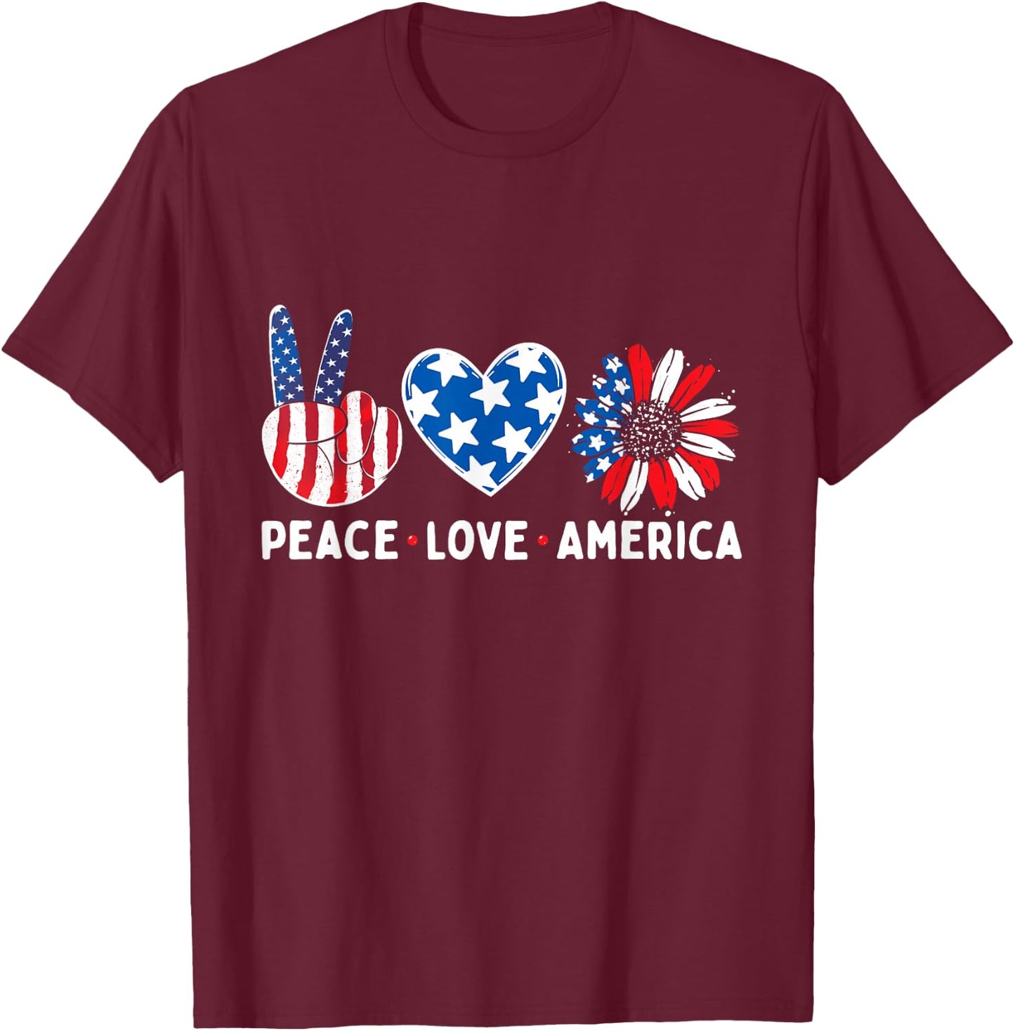 Peace Love America USA American Flag Patriotic 4th of July T-Shirt - T-Shirt | Maroon