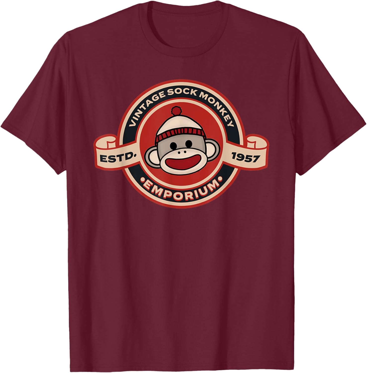 Vintage Sock Monkey Emporium Logo Emblem Sock Monkey T-Shirt - T-Shirt | Maroon