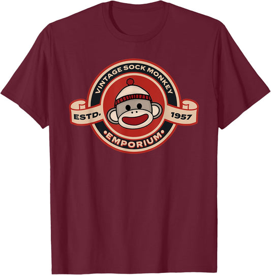 Vintage Sock Monkey Emporium Logo Emblem Sock Monkey T-Shirt - T-Shirt | Maroon