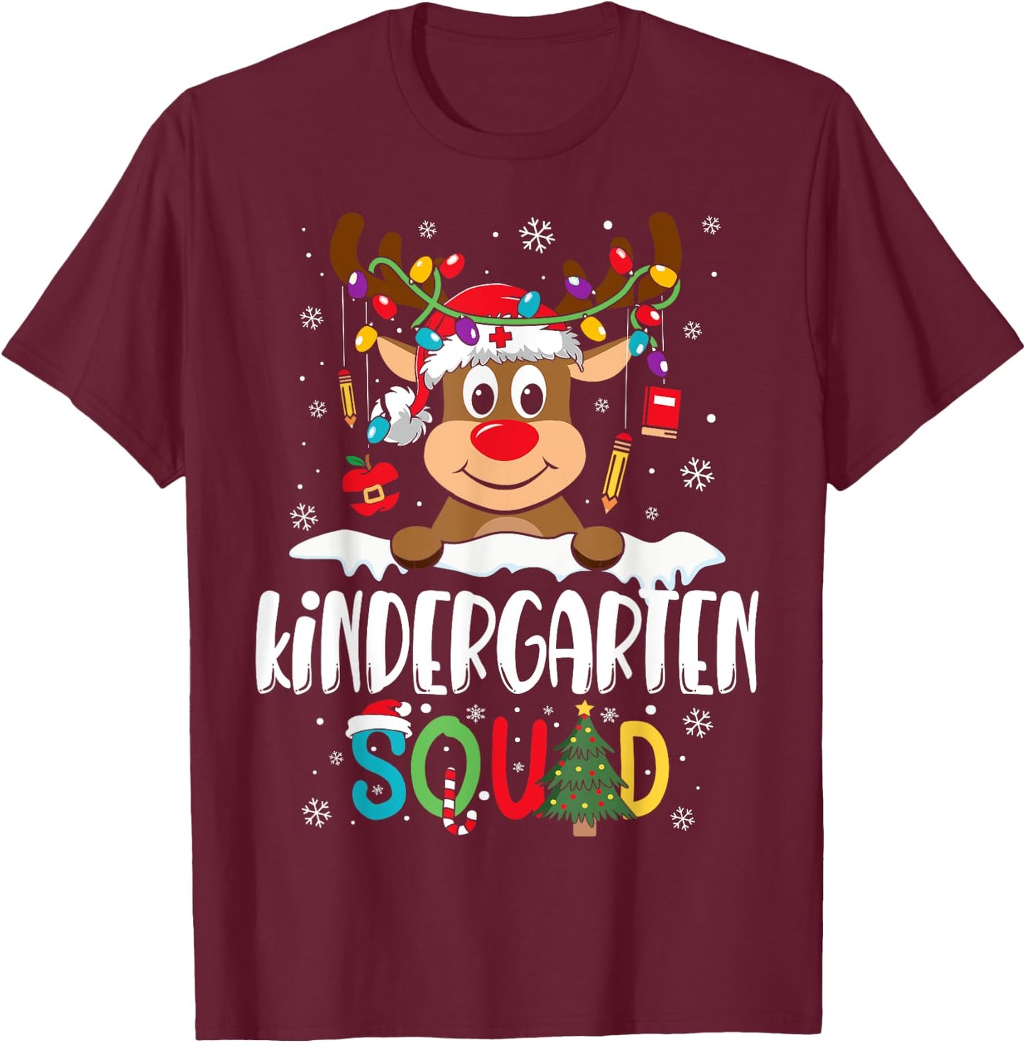 Kindergarten Teacher Squad Funny Reindeer Teacher Christmas T-Shirt - T-Shirt | Maroon