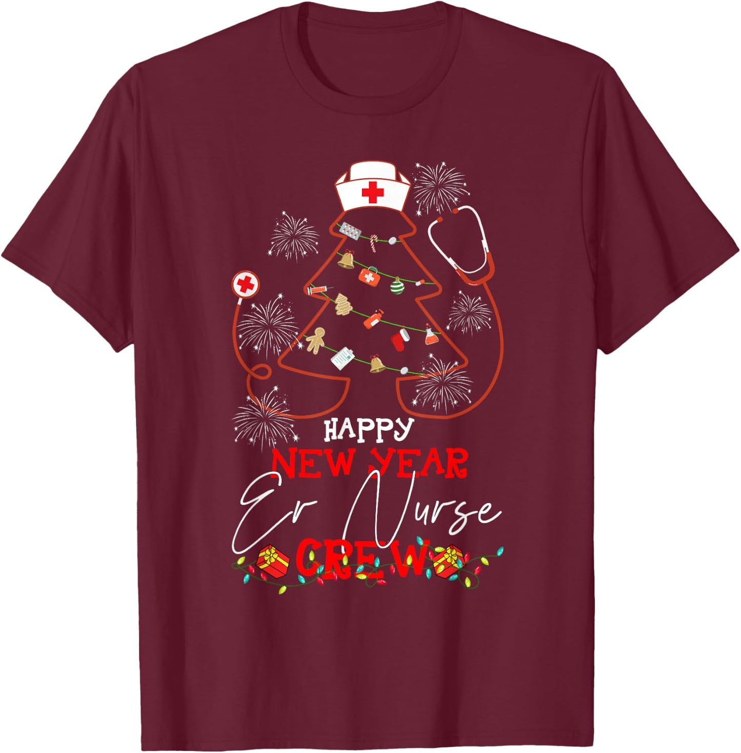 Christmas - Happy New Year ER Nurse Crew Reindeer Nurse - Black, Small - Women-Adults T-Shirt - T-Shirt | Maroon