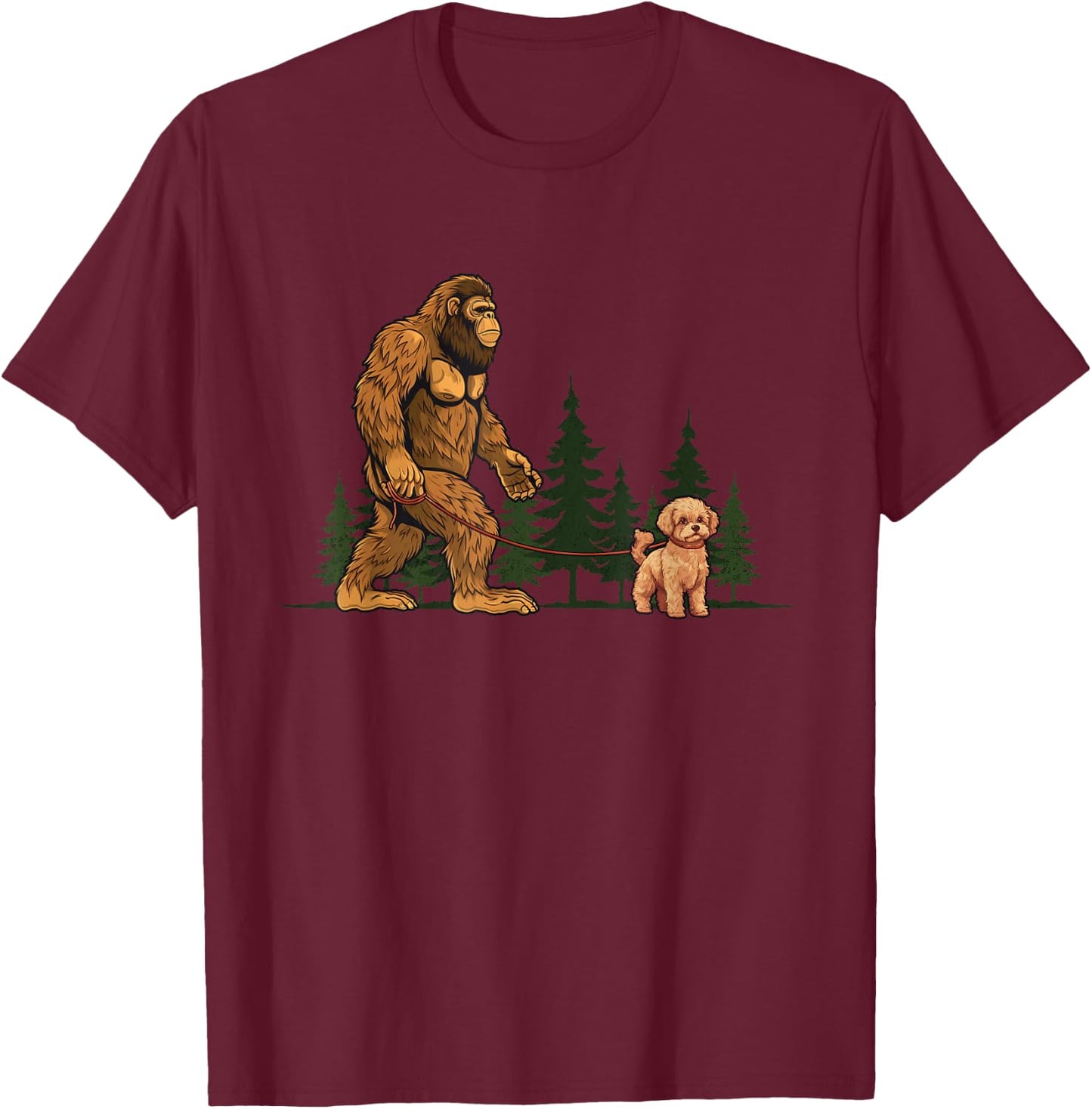 Funny Maltipoo Bigfoot Dog Walking Dog Mom Dad Kids T-Shirt - T-Shirt | Maroon