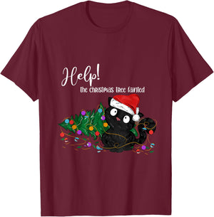 Help The Christmas Tree Fainted Funny Black Cat Troublemaker T-Shirt - T-Shirt | Maroon