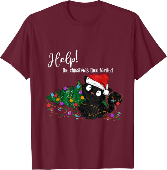 Help The Christmas Tree Fainted Funny Black Cat Troublemaker T-Shirt - T-Shirt | Maroon