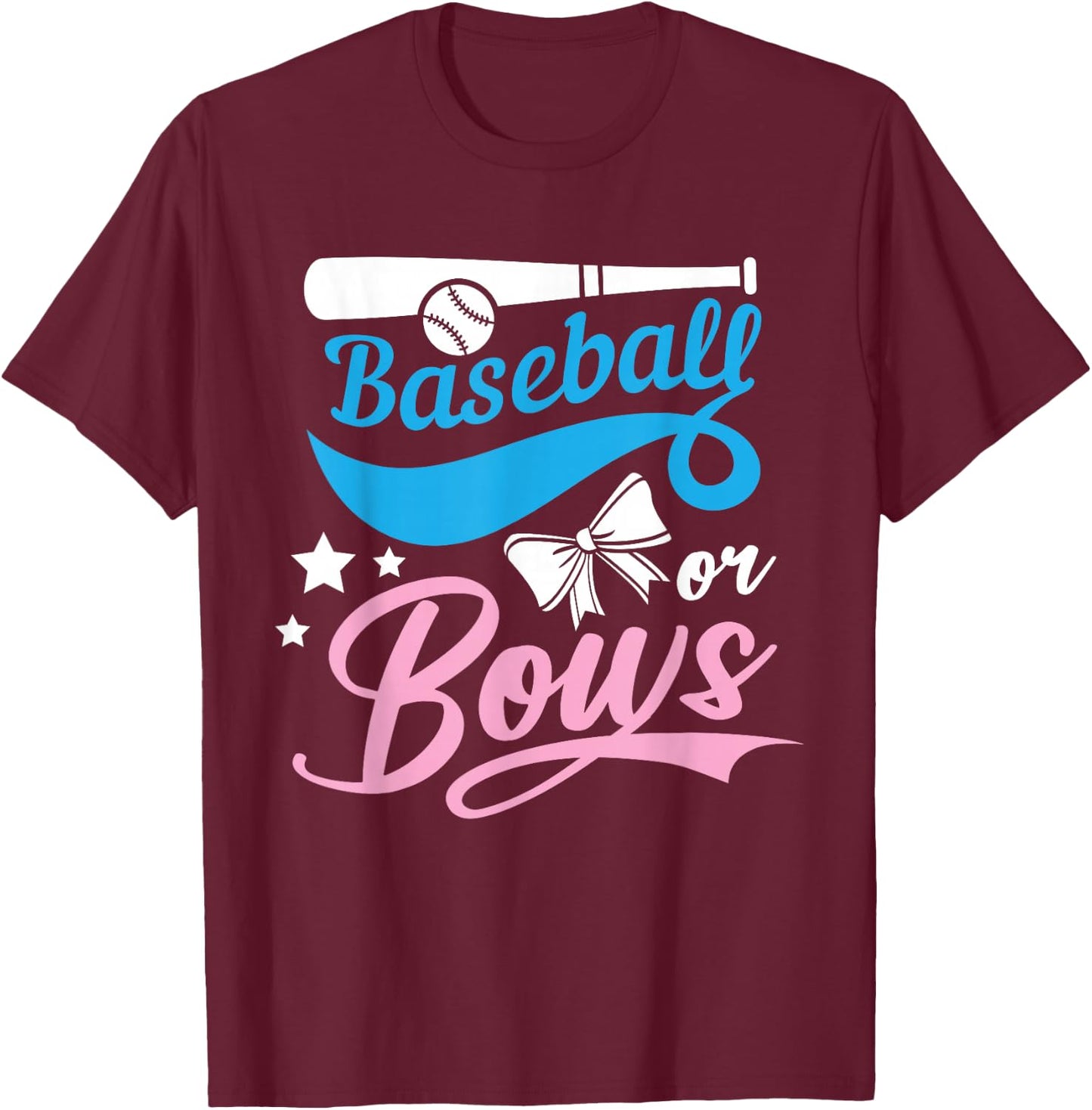 Baseball Or Bows Cute Girl Boy Gender Reveal Announcement T-Shirt - T-Shirt | Maroon