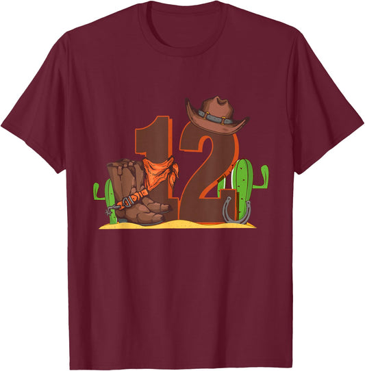 12th Birthday Boy 12 Year Old Rodeo Western Cowboy Howdy T-Shirt - T-Shirt | Maroon